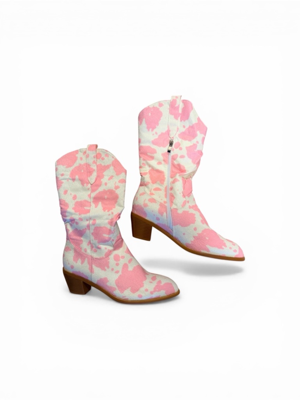 Pink & White Splash Mid-Calf Heeled Boots - Picture 2 of 5